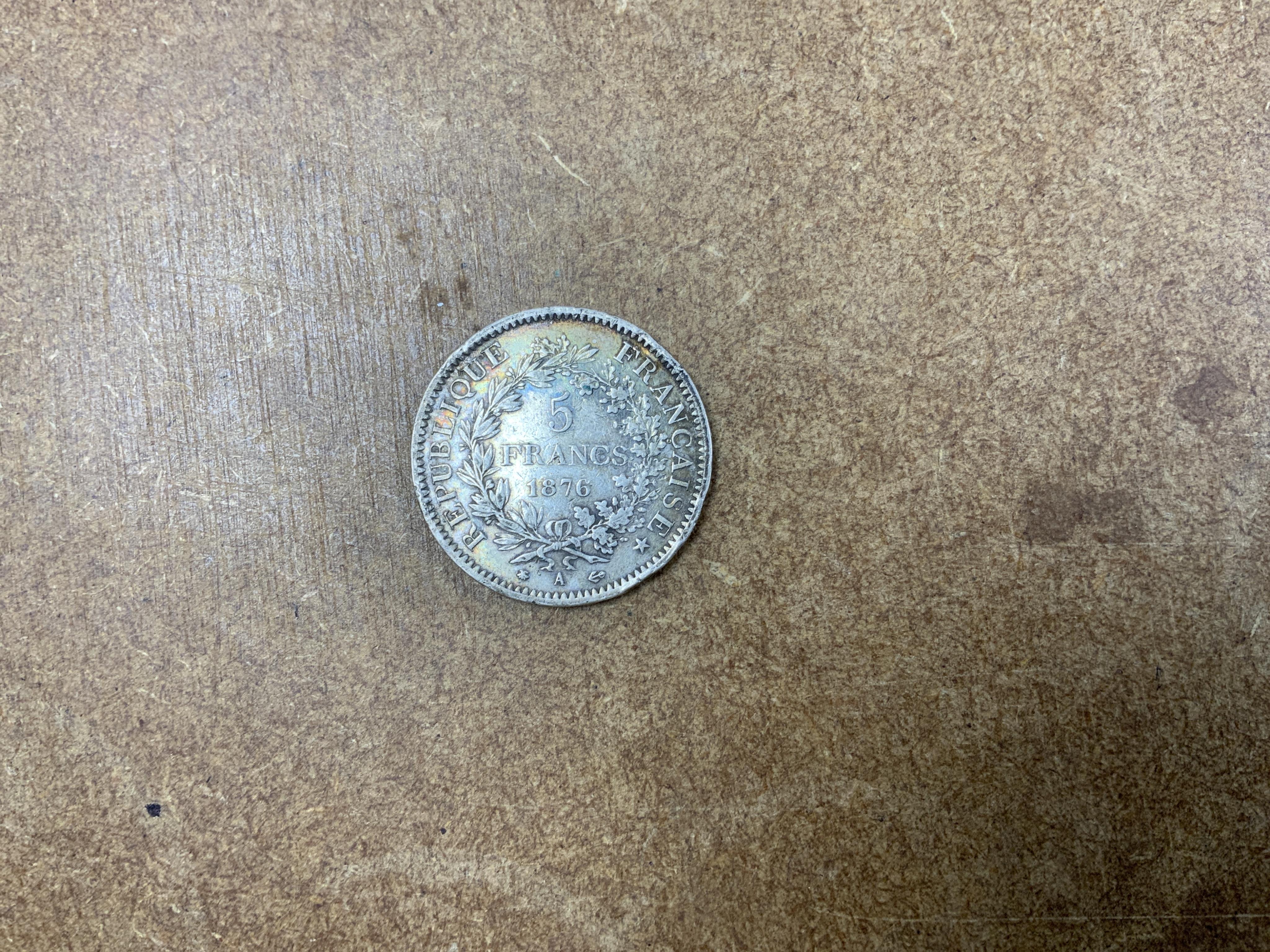 British coins, Victoria to Elizabeth II, comprising halfcrowns, shillings, florins, sixpences, silver and brass threepences, together with a Republic of France five francs , 1876